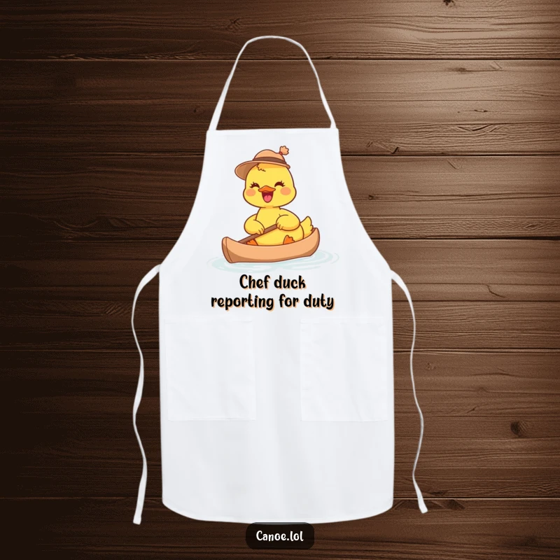 Funny joyful duckling in a tiny hat, paddling a miniature canoe, a humorous apron for kitchen fun.