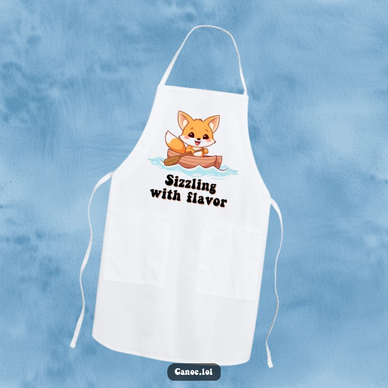 Funny cheerful fox with a wide grin rowing a canoe through gentle waves, a humorous apron for kitchen fun.
