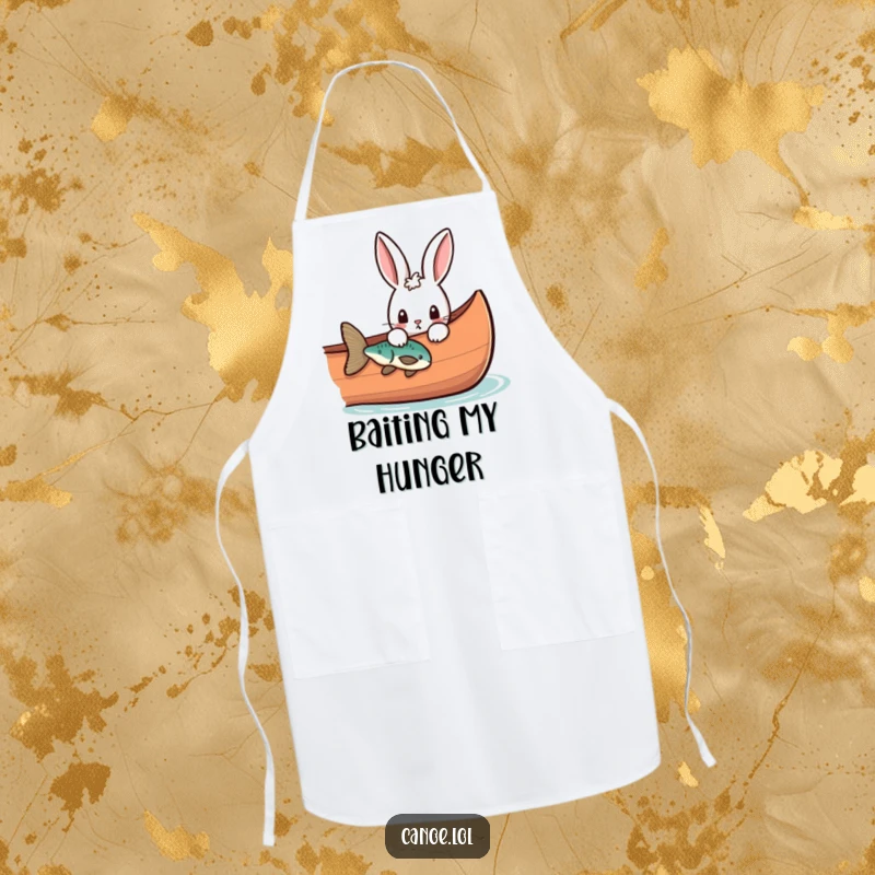 Funny curious rabbit peeking over the side of a canoe at a fish, a humorous apron for kitchen fun.