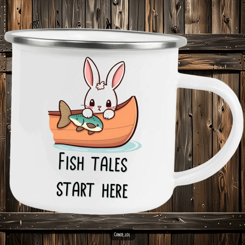 Funny curious rabbit peeking over the side of a canoe at a fish, a durable camping mug.