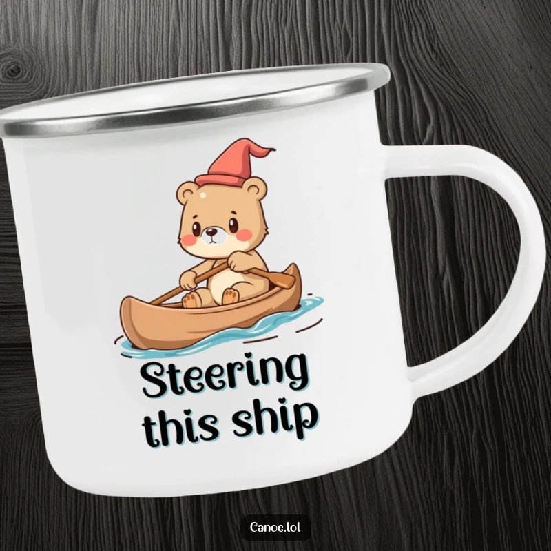 Funny Camping Mug featuring a cute bear cub steering a canoe with determination, ideal for camping.