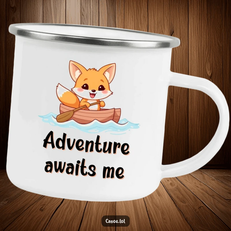 Funny cheerful fox with a wide grin rowing a canoe through gentle waves, a durable camping mug.