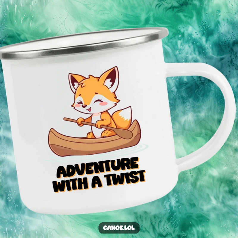 Funny playful fox cub balancing in a canoe with a mischievous grin, ideal for camping and outdoor fun.