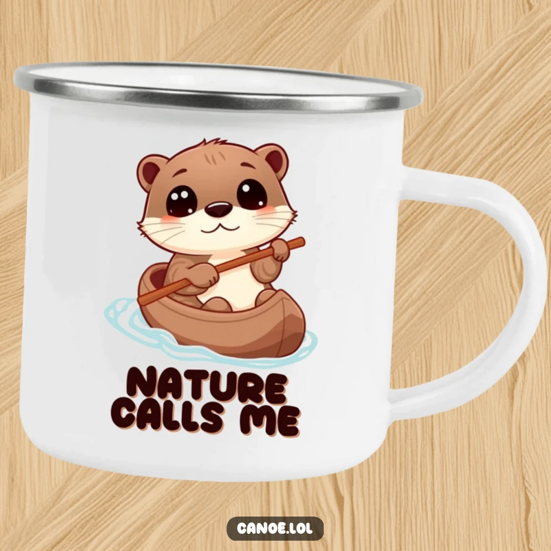 Funny otter playfully steering a canoe with a stick, eyes wide with wonder, a durable camping mug.