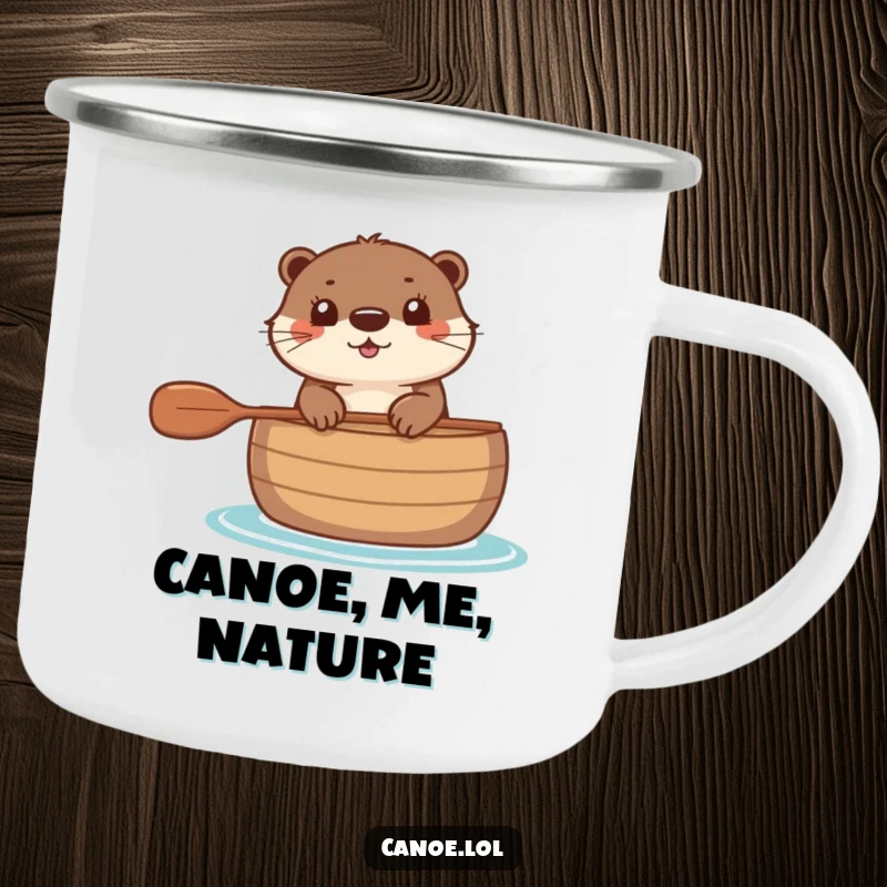 Funny Camping Mug featuring a happy otter peeking over the edge of a canoe, perfect for outdoor use.