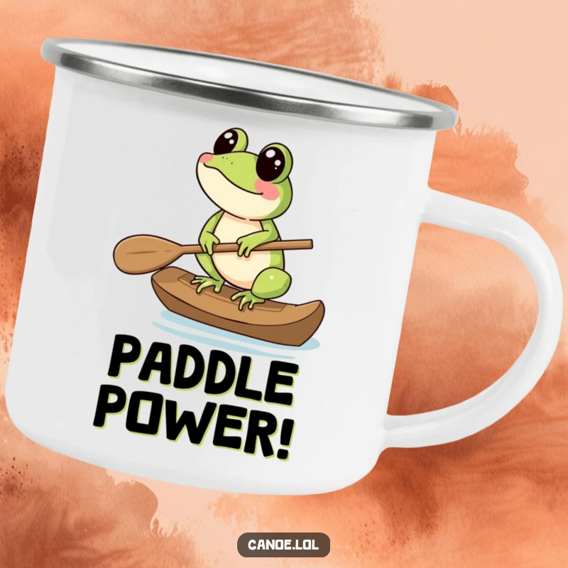 Funny Camping Mug featuring a cheerful frog balancing on the end of a canoe paddle, ideal for camping.
