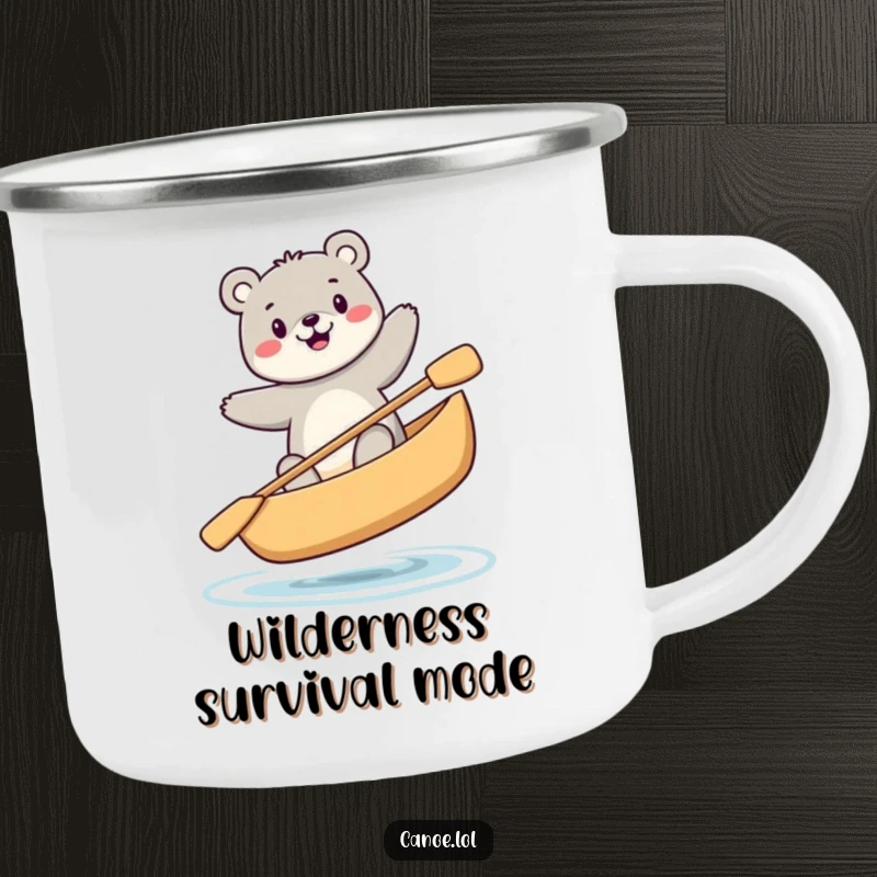 Funny happy bear balancing precariously while sitting in a canoe, a durable camping mug.