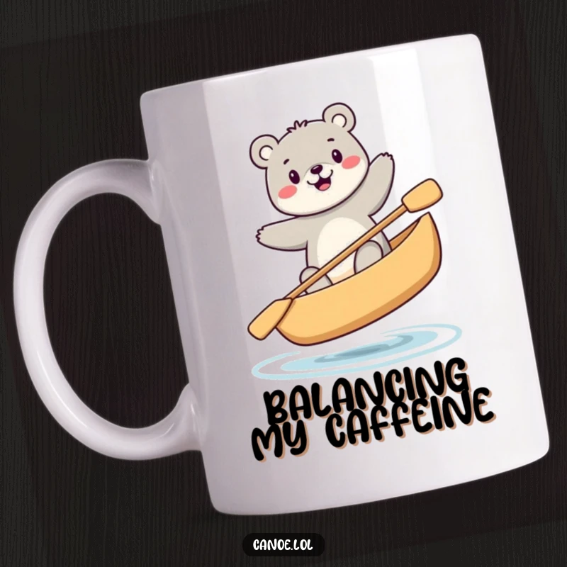 Funny happy bear balancing precariously while sitting in a canoe, a humorous mug for outdoor enthusiasts.