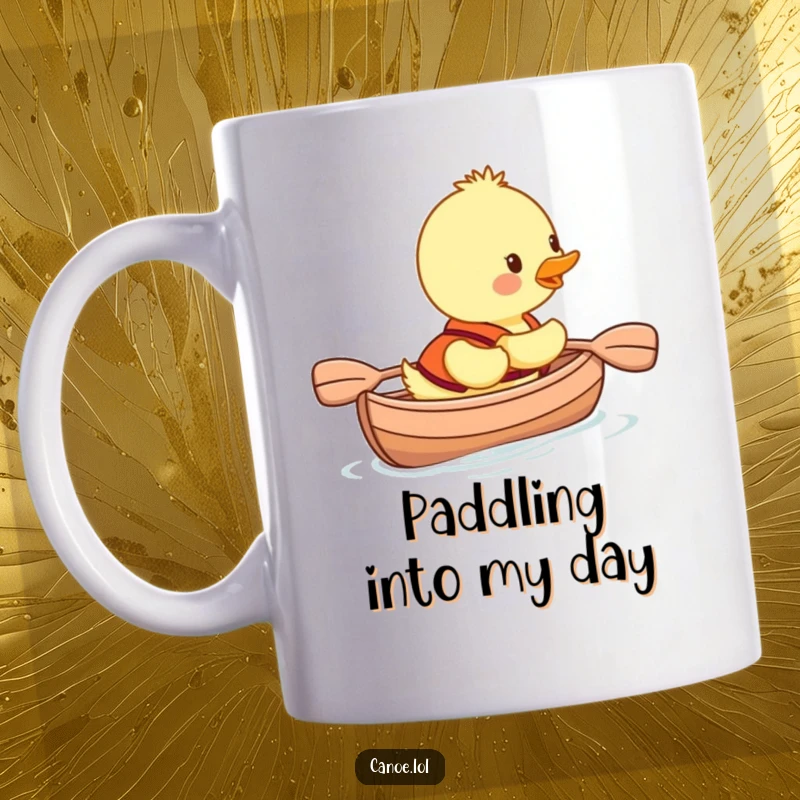Funny duckling wearing a tiny life vest, smiling as it paddles a canoe, perfect for a cheerful and humorous gift.