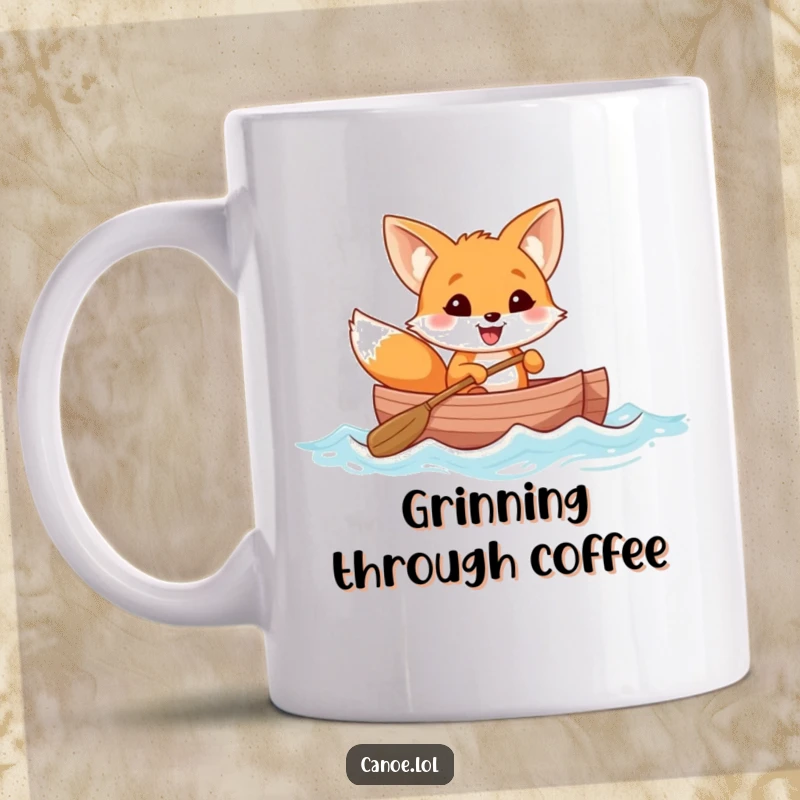 Funny cheerful fox with a wide grin rowing a canoe through gentle waves, a humorous mug for outdoor lovers.