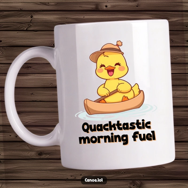 Funny joyful duckling wearing a tiny hat, happily paddling a miniature canoe, radiating pure cuteness and fun.