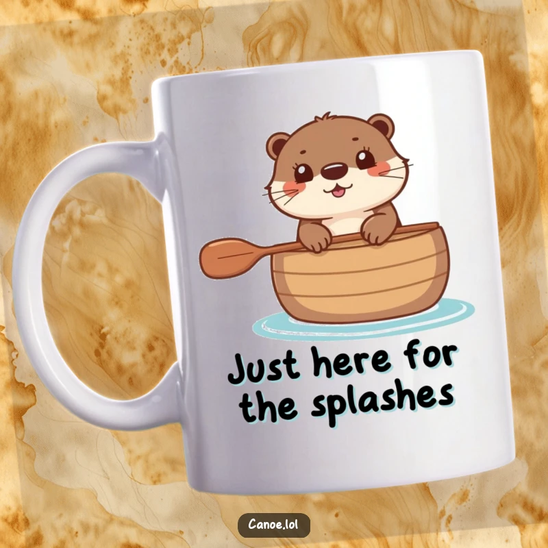 Funny Mug featuring a joyful otter peeking curiously over the rim of a canoe, ready for a river adventure.