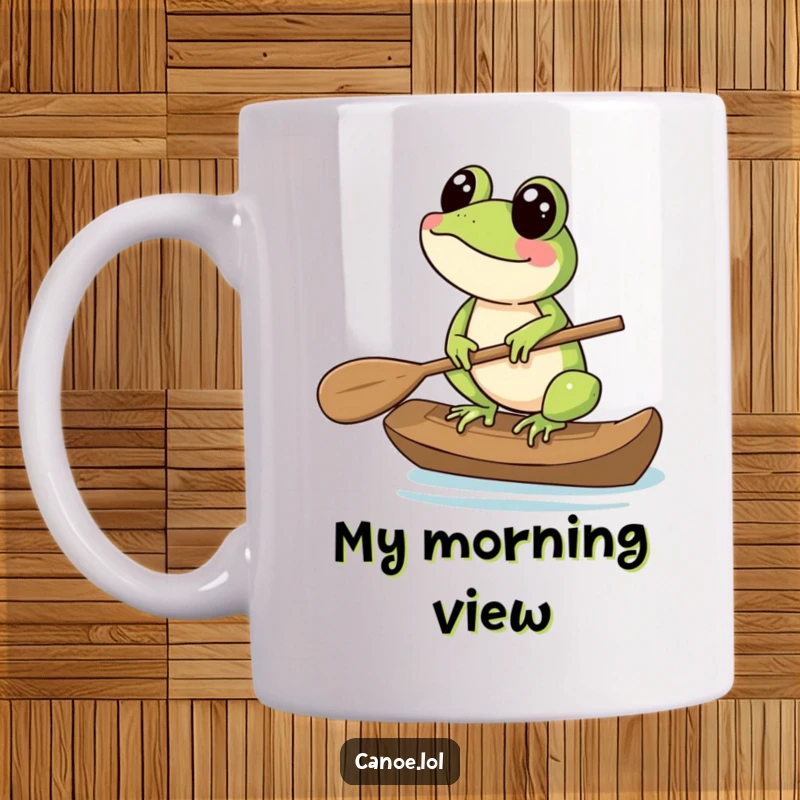 Funny Mug featuring a cheerful frog expertly balancing on the tip of a canoe paddle, ready for adventure.
