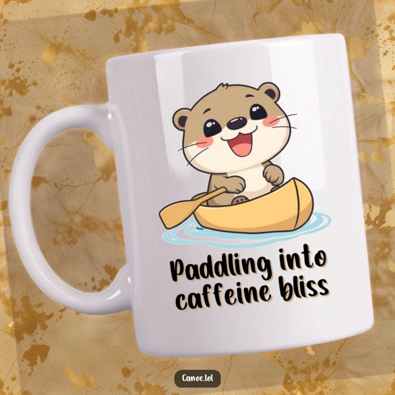 Funny cute otter paddling a canoe with a super wide, excited grin, ready for adventure. A delightful and humorous wildlife graphic.