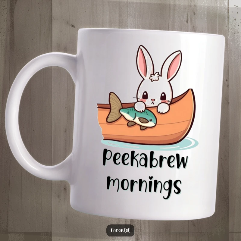 Funny curious rabbit peeking over the side of a canoe at a fish, a humorous mug for nature lovers.
