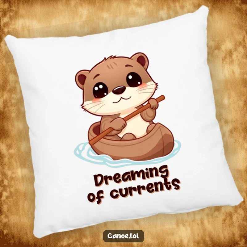 Funny otter steering a canoe with a stick, eyes wide with wonder, a soft and humorous pillow.