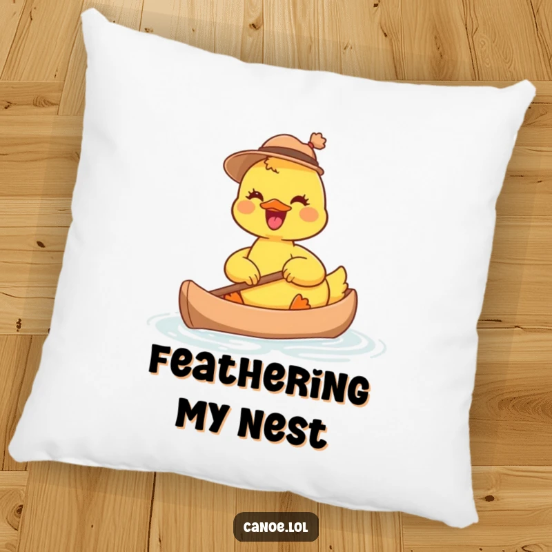 Funny joyful duckling wearing a tiny hat, paddling a miniature canoe, a soft and humorous decorative pillow.