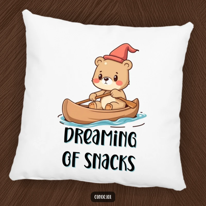 Funny Pillow featuring a cute bear cub steering a canoe with a determined look, adding a touch of adventure.