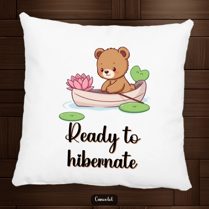 Funny curious bear cub reaching from a canoe to touch a lily pad, a soft and humorous pillow.