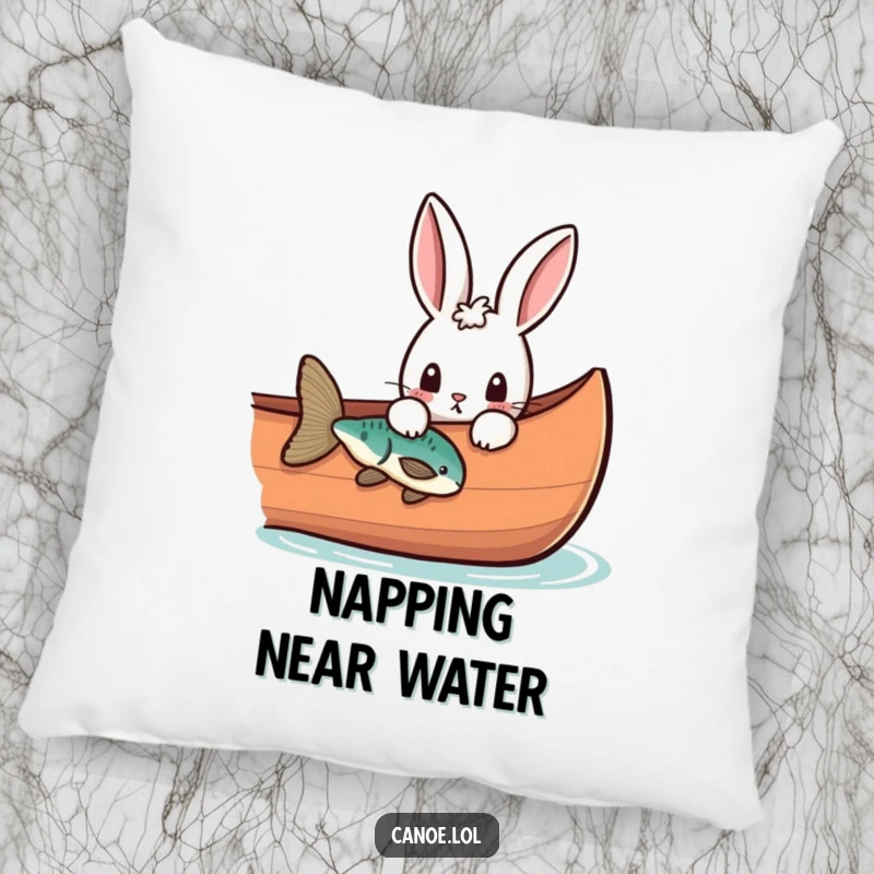 Funny curious rabbit peeking over the side of a canoe at a fish, a soft and humorous pillow.