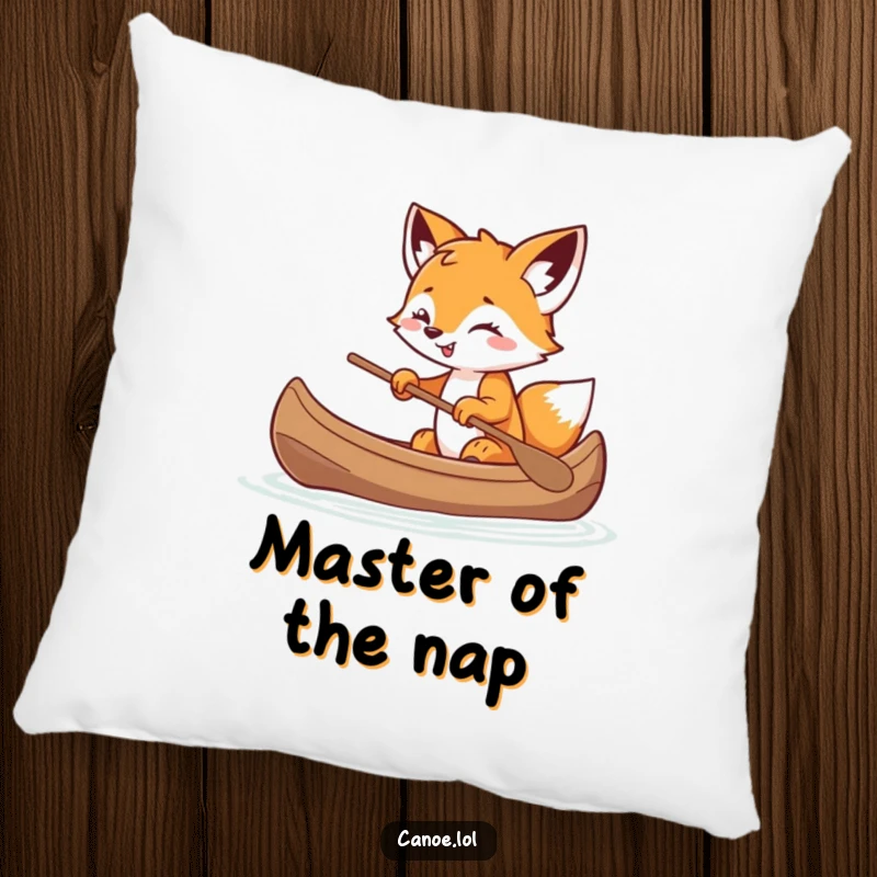 Funny playful fox cub balancing in a canoe with a mischievous grin, a soft and humorous pillow.