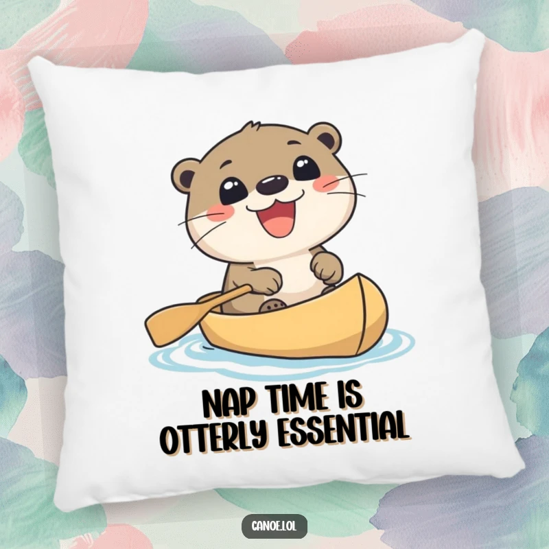 Funny cute otter in a canoe, beaming with an excited grin, ready for a relaxing float. A soft and humorous pillow.