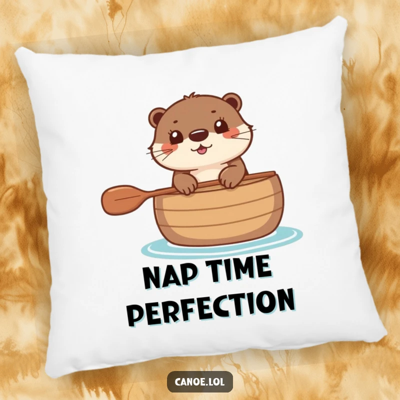 Funny Pillow featuring a happy otter peeking over the edge of a canoe, adding a touch of whimsy.