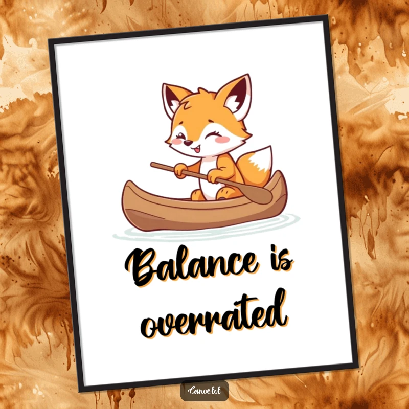 Funny playful fox cub balancing in a canoe with a mischievous grin, a charming and humorous digital artwork.