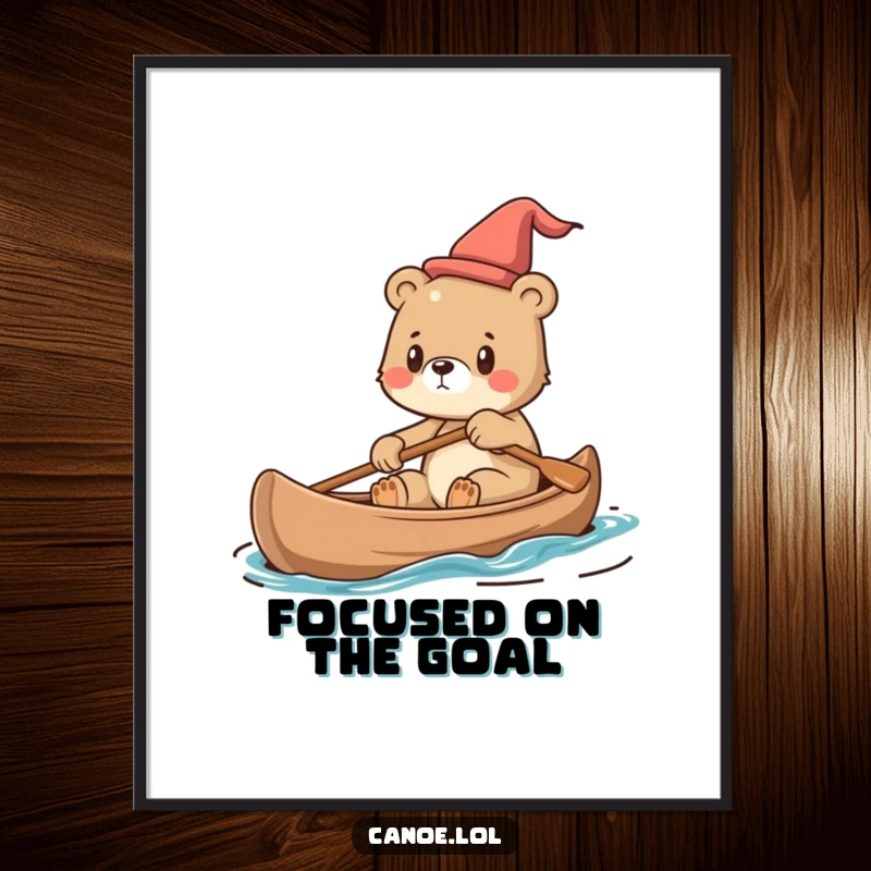 Funny Digital Art Print of a cute bear cub steering a canoe with determination, instant download.