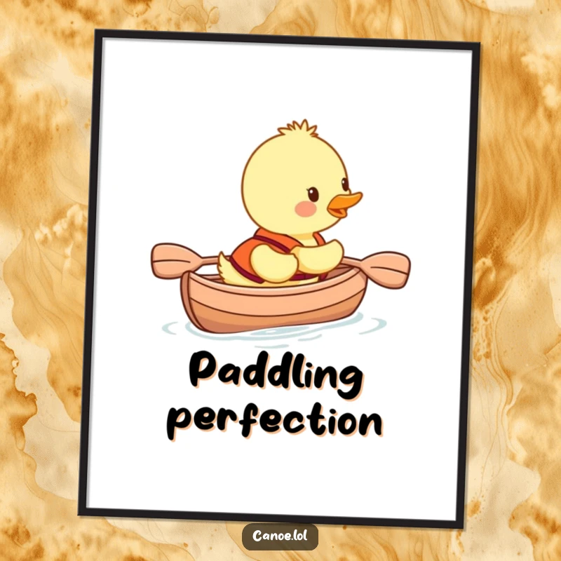Funny duckling wearing a life vest, smiling while paddling a canoe, a humorous digital art print for instant decor.