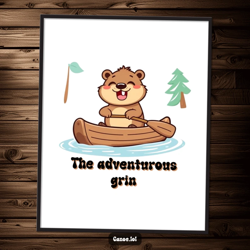 Funny digital art print of an excited beaver in a canoe, paddling with a wide grin, full of adventurous spirit.