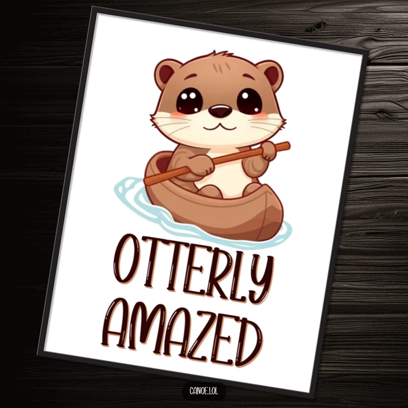Funny otter playfully steering a canoe with a stick, eyes wide with wonder, a humorous digital art print.
