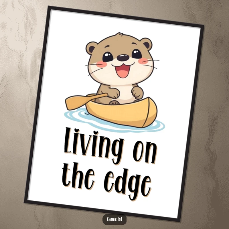 Funny cute otter with a wide, excited grin paddling a canoe, a vibrant digital artwork full of personality.