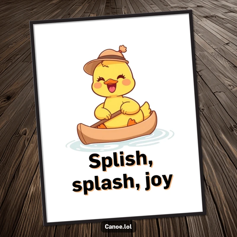 Funny joyful duckling wearing a tiny hat, paddling a miniature canoe, a whimsical and humorous digital artwork.