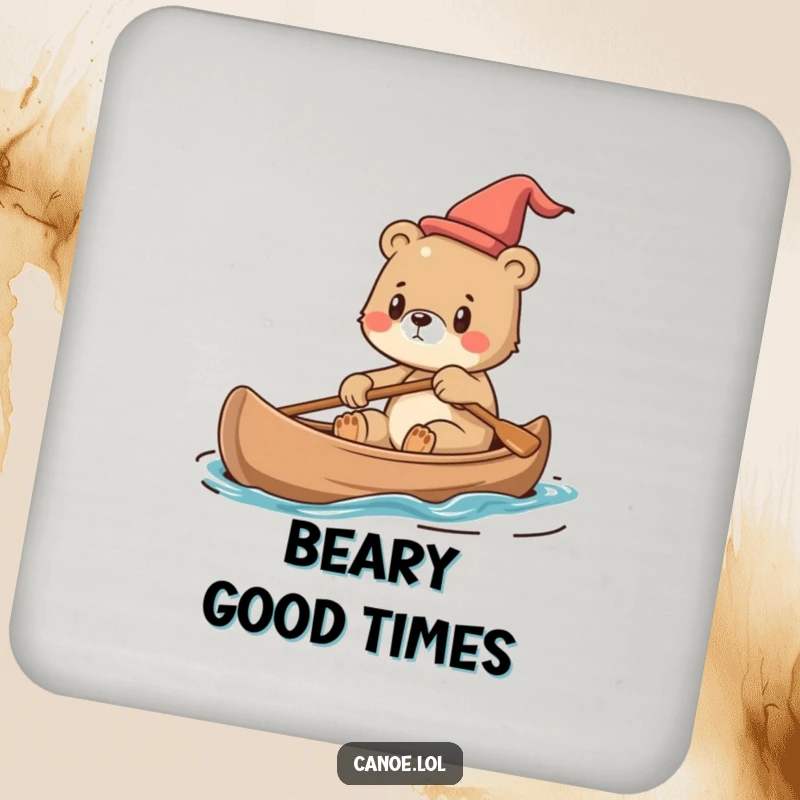 Funny Coasters showing a cute bear cub steering a canoe with determination, protecting surfaces.