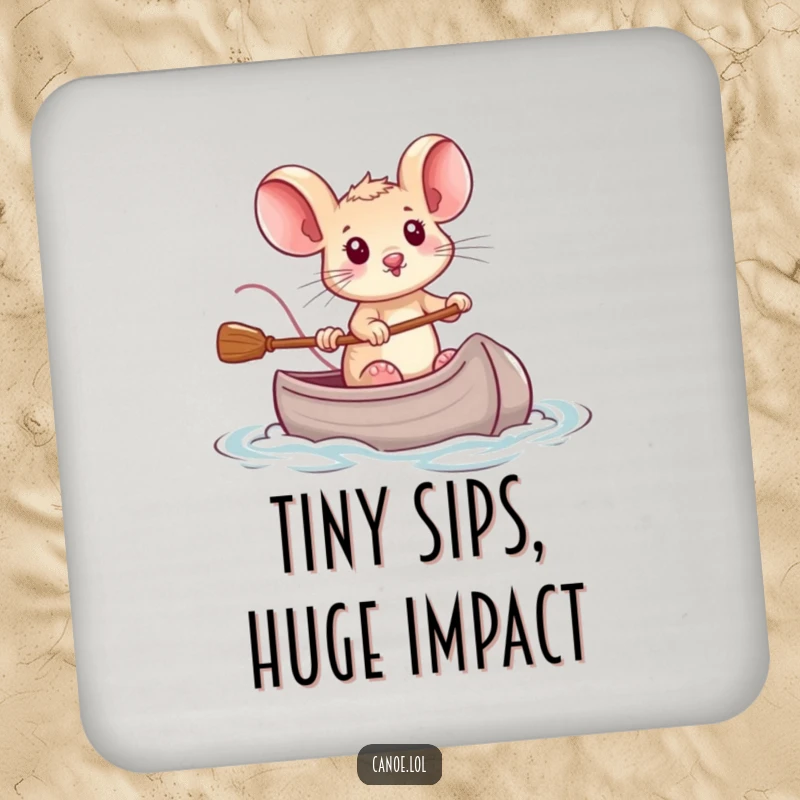 Funny tiny brave mouse steering a miniature canoe with determination, a humorous coaster for drink protection.