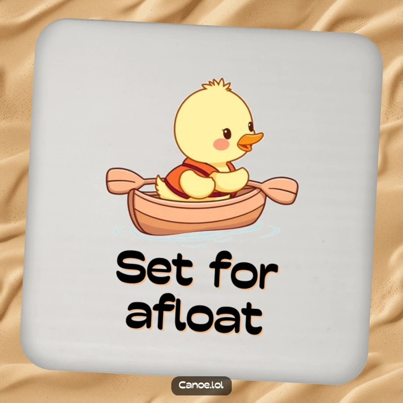 Funny duckling in a life vest paddling a canoe, a charming and humorous coaster for drink protection.