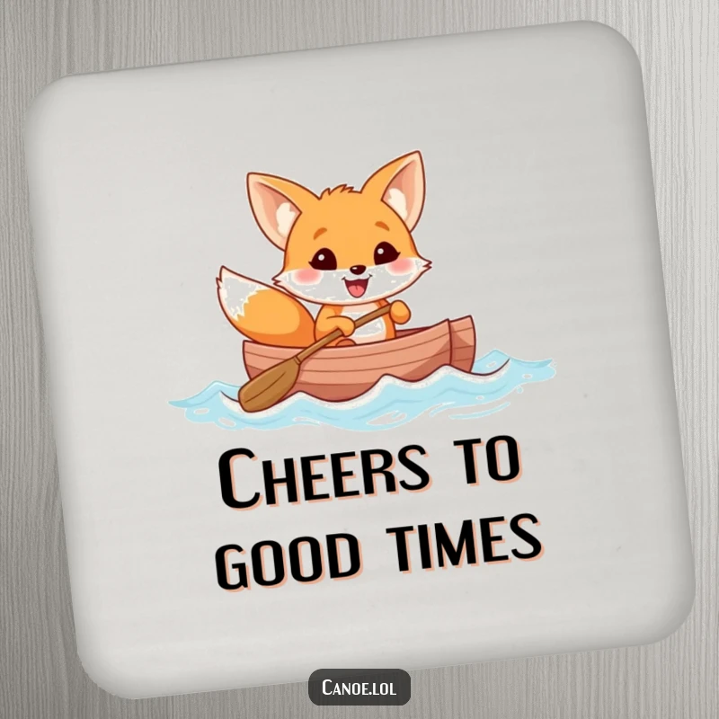 Funny cheerful fox with a wide grin rowing a canoe through gentle waves, a humorous coaster for drink protection.