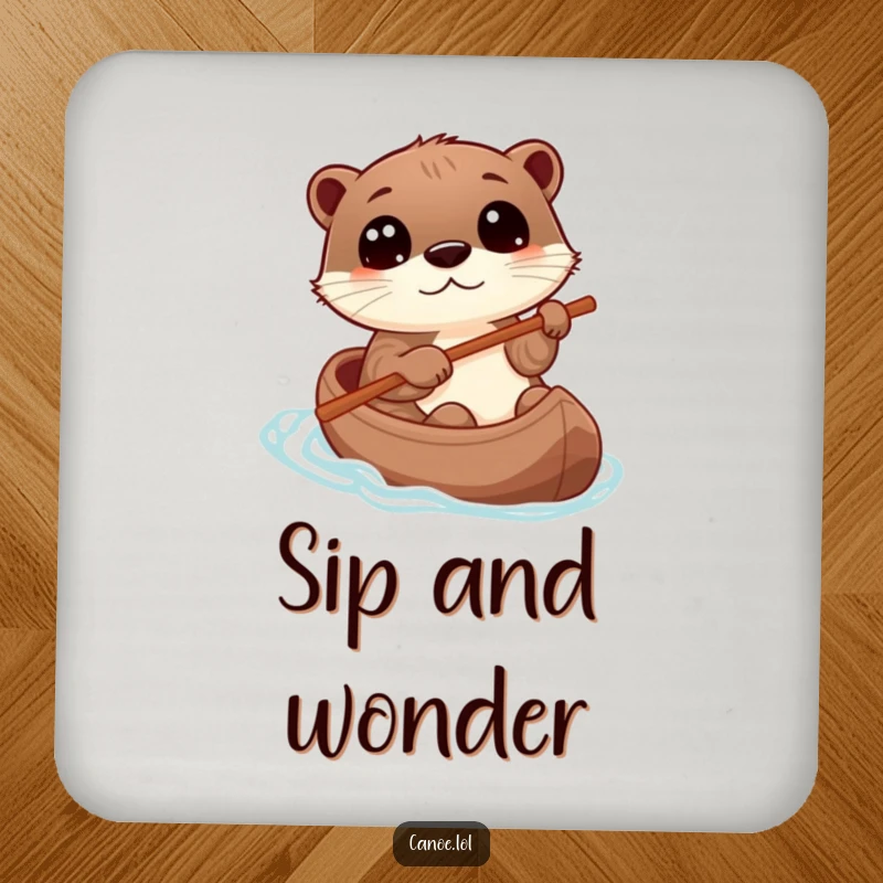 Funny otter steering a canoe with a stick, eyes wide with wonder, a humorous coaster for drink protection.
