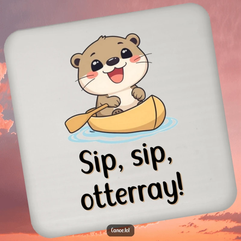 Funny cute otter with an excited grin paddling a canoe, a humorous coaster to protect your surfaces.