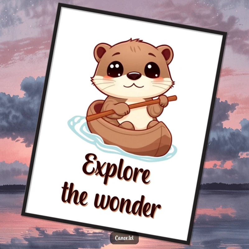 Funny otter playfully steering a canoe with a stick, eyes wide with wonder, a humorous wall art print.