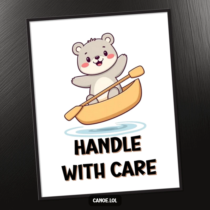 Funny happy bear balancing precariously while sitting in a canoe, a humorous wall art print.