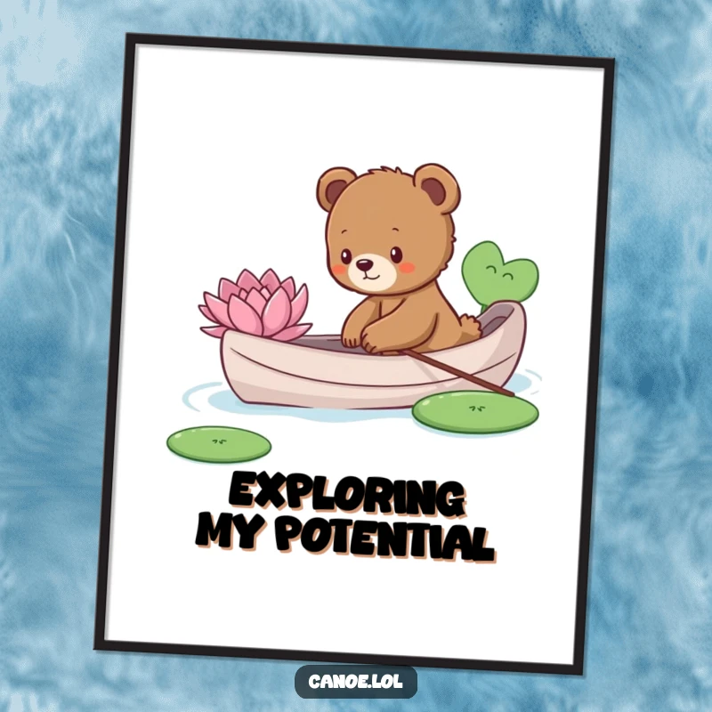 Funny curious bear cub in a canoe, reaching to touch a lily pad, a charming and humorous art print.
