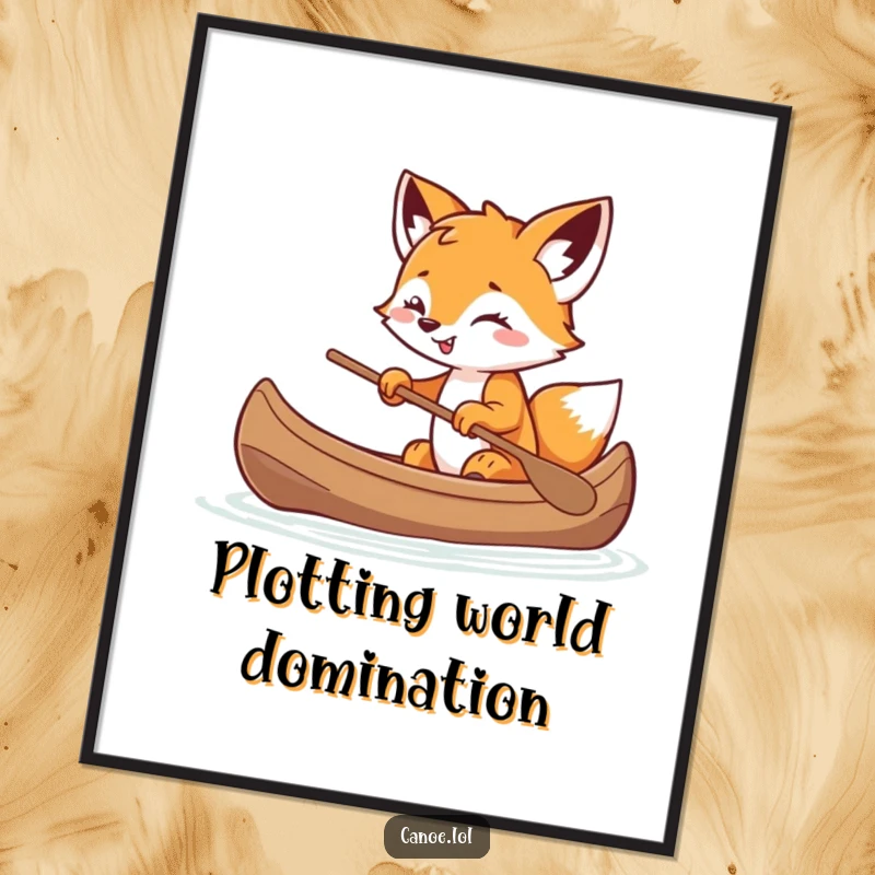 Funny playful fox cub balancing in a canoe with a mischievous grin, a charming and humorous art print.