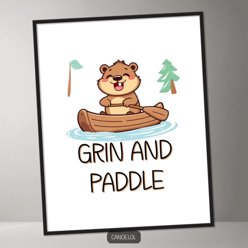 Funny poster showcasing an excited beaver in a canoe, paddling with a wide grin, embodying a spirit of fun adventure.