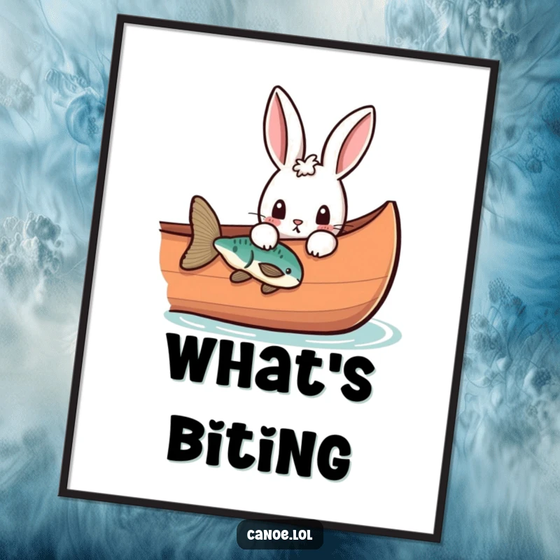 Funny curious rabbit peeking over the side of a canoe at a fish, a humorous wall art print.