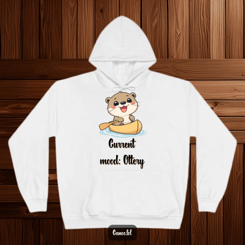 Funny cute otter in a canoe, sporting a massive, excited grin, embarking on a river adventure. A warm and humorous hoodie.