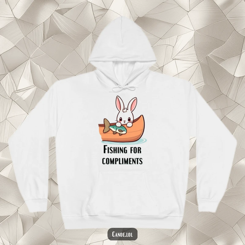 Funny curious rabbit peeking over the side of a canoe at a fish, a cozy hoodie for curious minds.