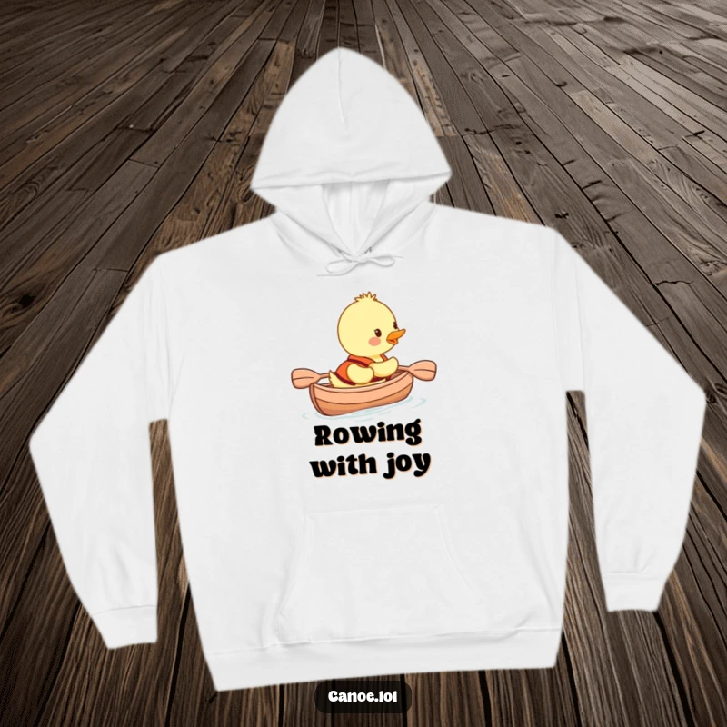Funny duckling wearing a life vest, smiling while paddling a canoe, a cozy hoodie for humorous comfort.