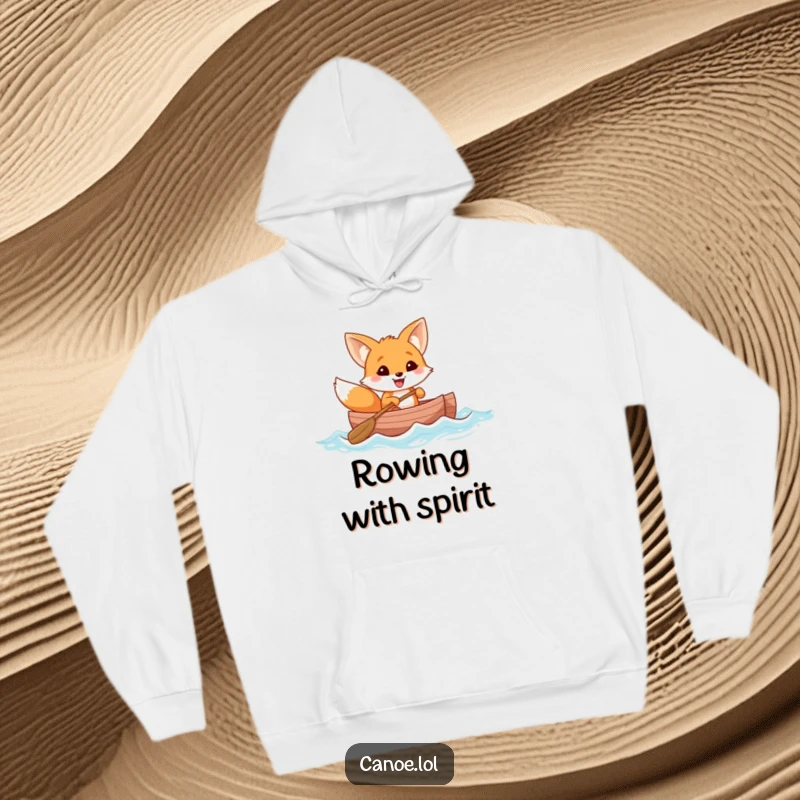 Funny cheerful fox with a wide grin rowing a canoe through gentle waves, a cozy hoodie for outdoor fun.